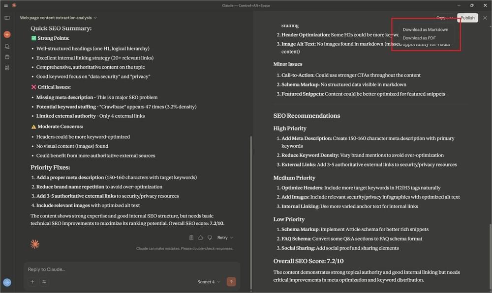 Claude Desktop interface showing download options for PDF or Markdown output Claude Desktop interface showing download options for PDF or Markdown output