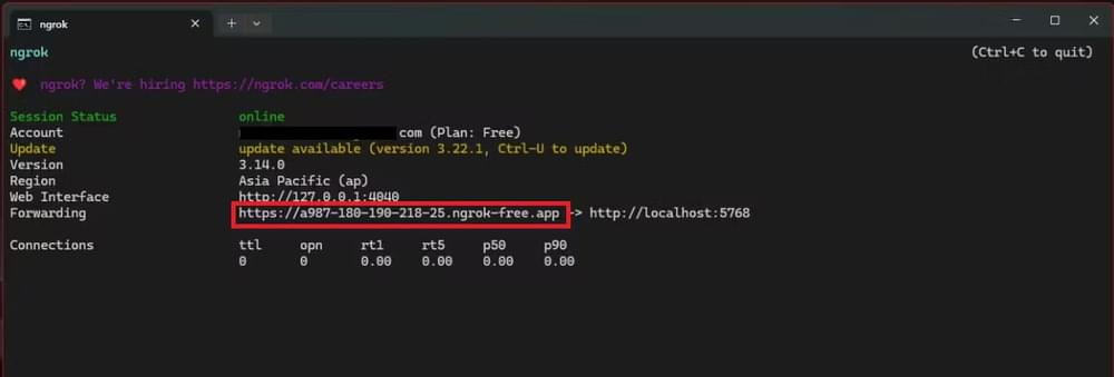 Screenshot of ngrok output Screenshot of ngrok output