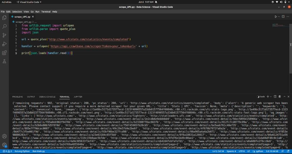 Visual Studio Code screenshot of scraping UFC stats