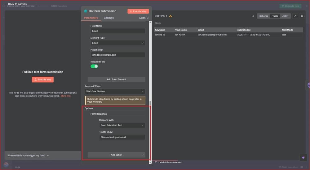 On form submission Form Response configuration