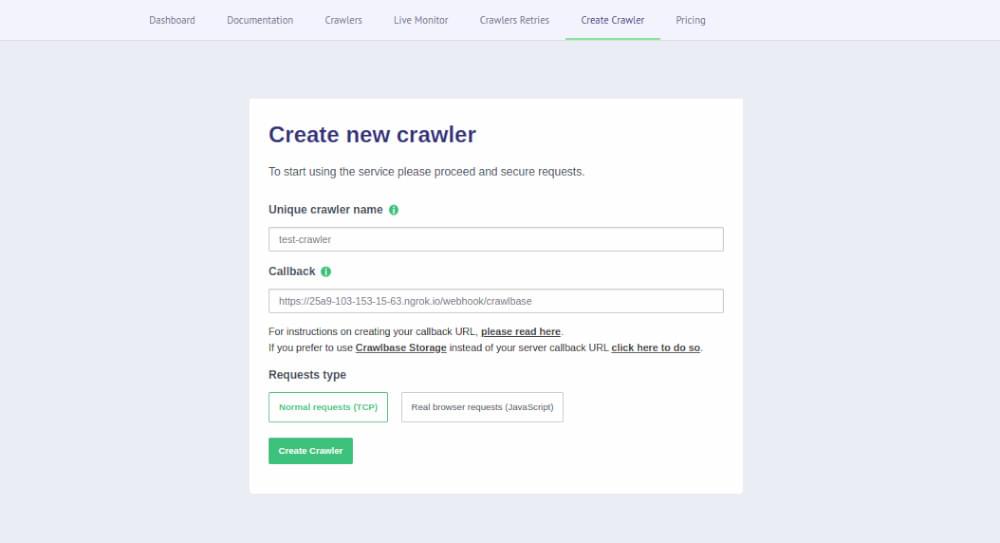 Create new Crawler from Crawlbase Crawler dashboard