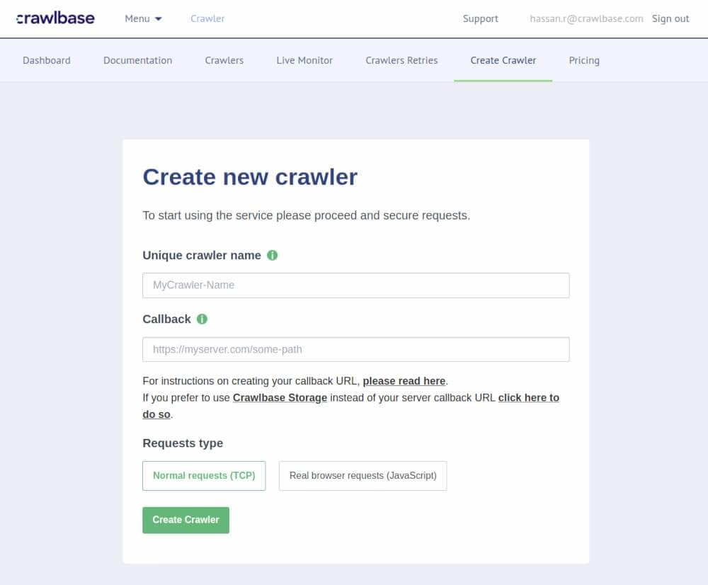 Image showing Create Crawler Page without options