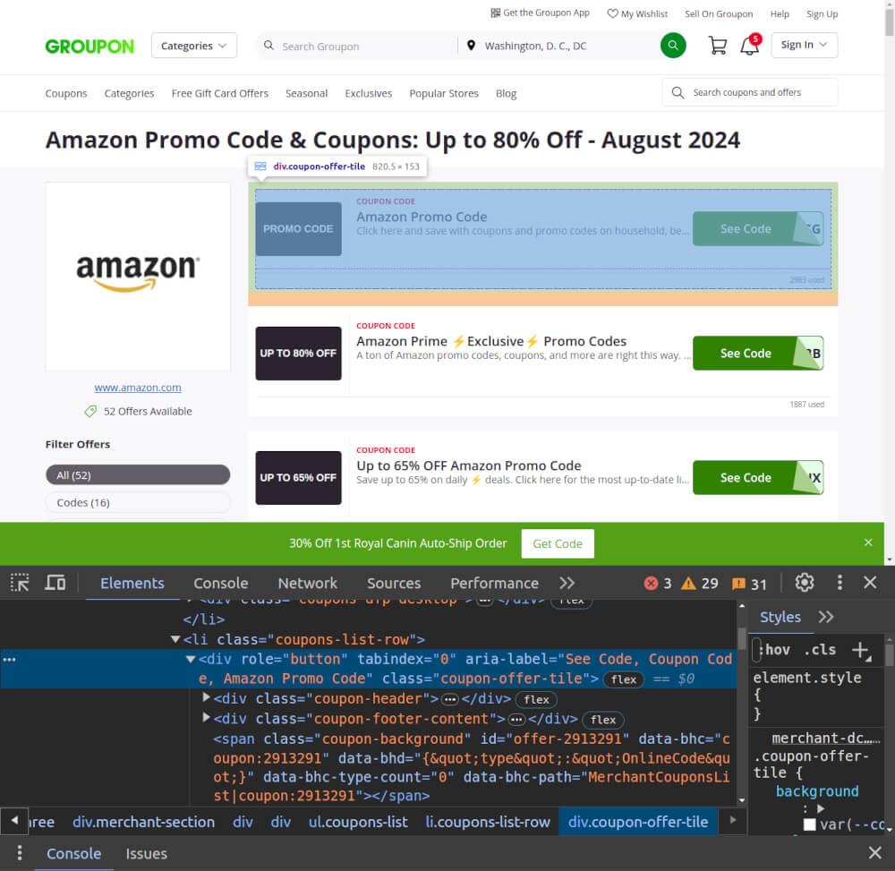 Screenshot of Groupon’s Coupons page HTML structure