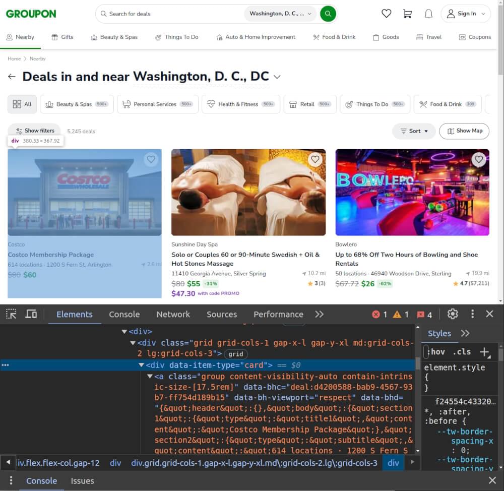 Screenshot of Groupon’s deals page HTML structure