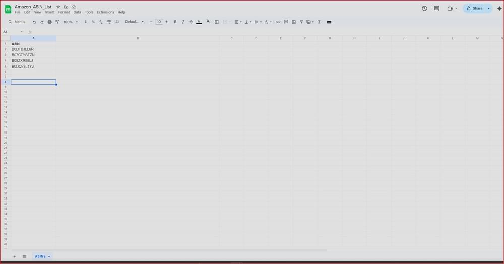 Google Sheets spreadsheet displaying the initial ASIN list for product research automation