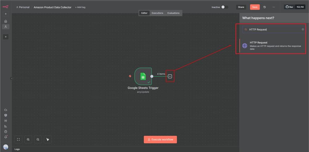 Adding the HTTP Request node to connect with the Crawlbase API