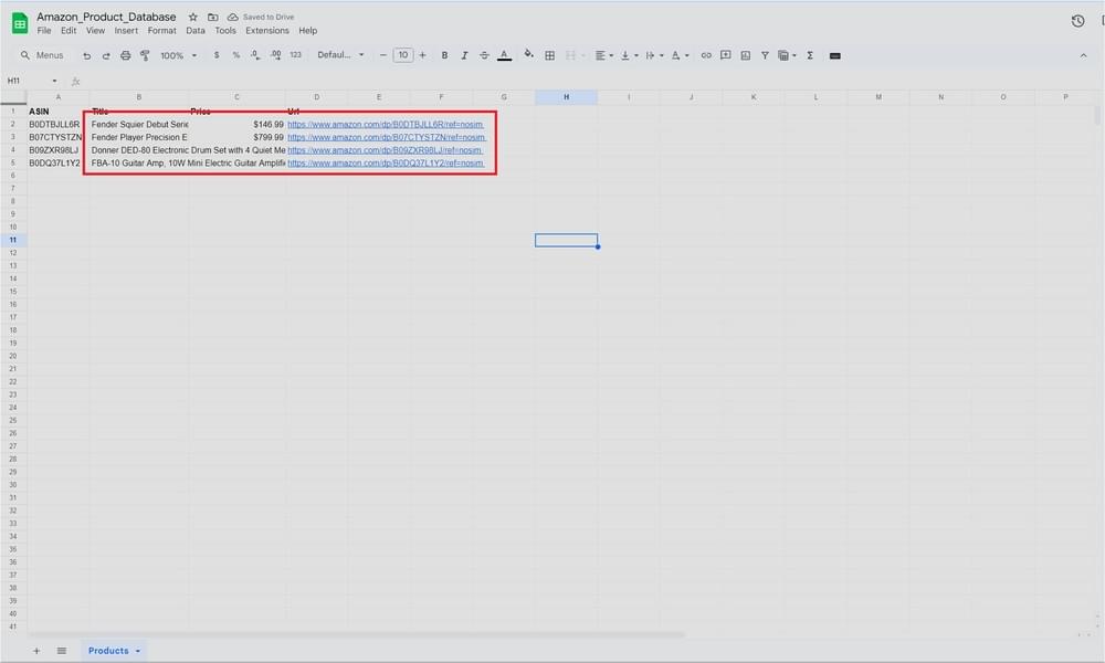 Google Sheets spreadsheet populated with Amazon product data including titles, prices, and URLs