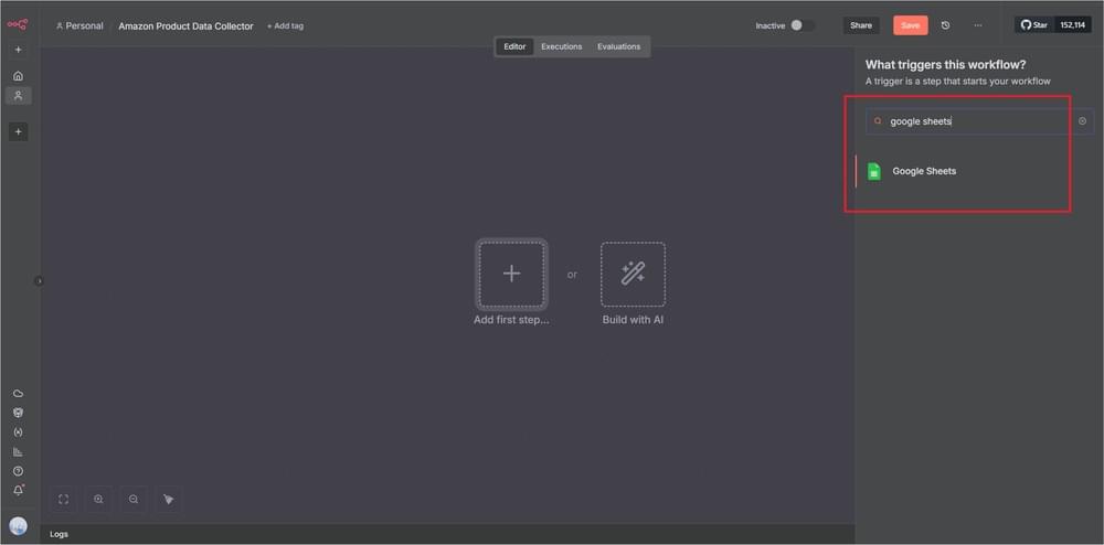 Adding the Google Sheets node to the n8n workflow canvas