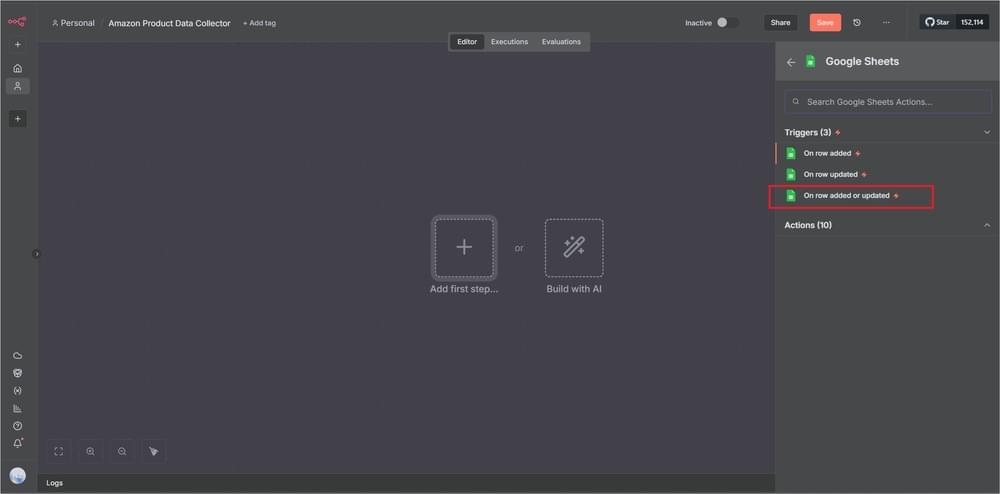 Selecting the On row added or updated trigger option in the Google Sheets node