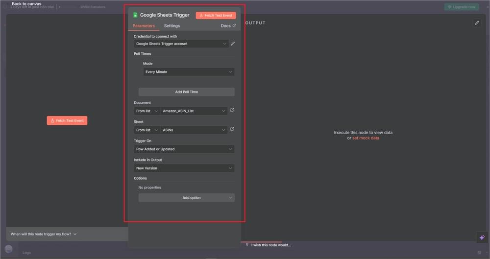 Google Sheets trigger configuration form with authentication and spreadsheet selection options