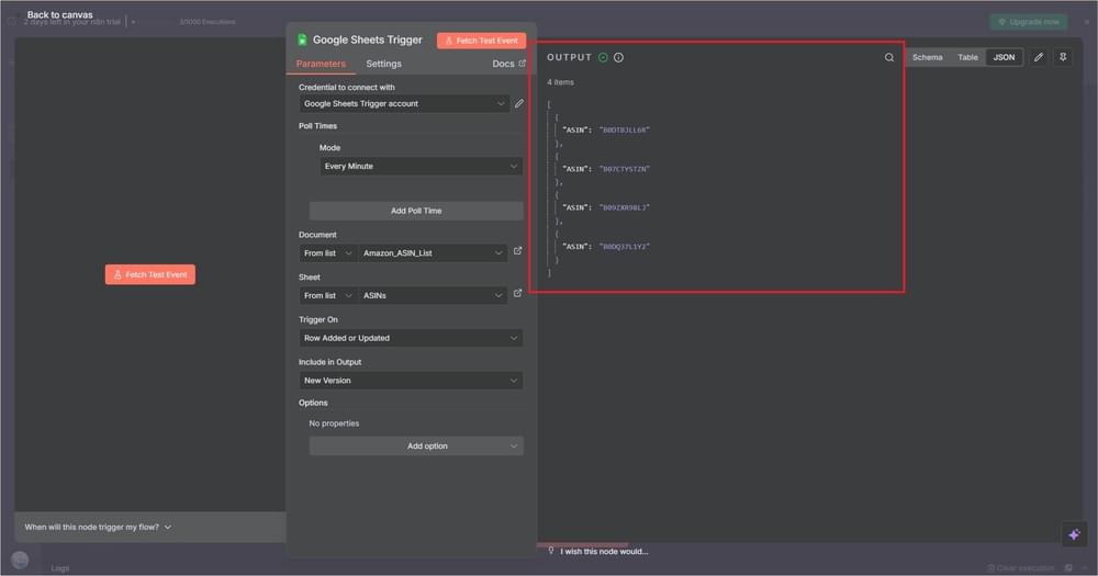 Successful test output from the Google Sheets trigger showing fetched ASIN data