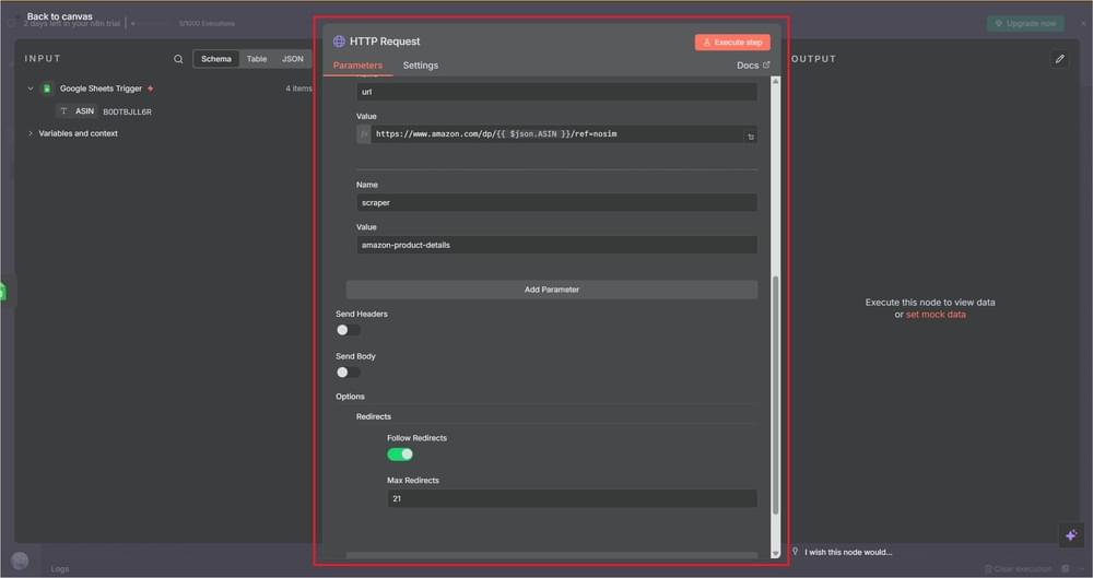 Bottom section of the HTTP Request node configuration displaying additional query parameters