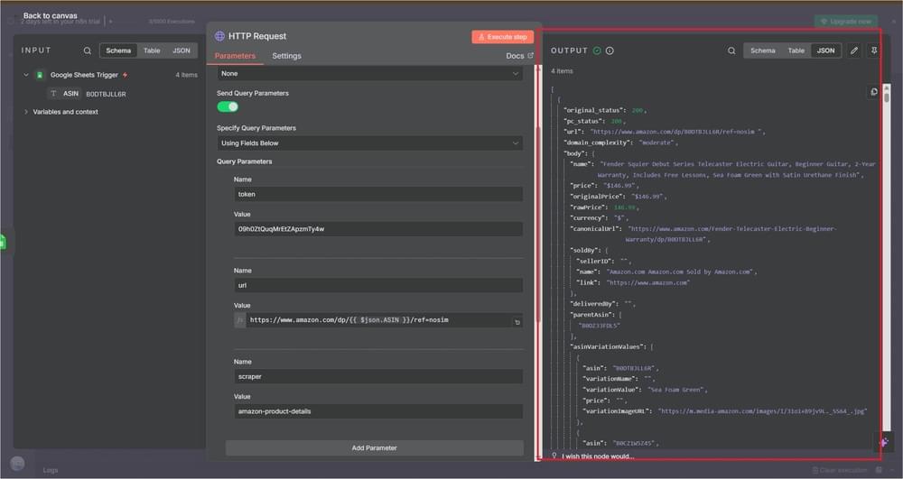 JSON response output from the Crawlbase API showing Amazon product details