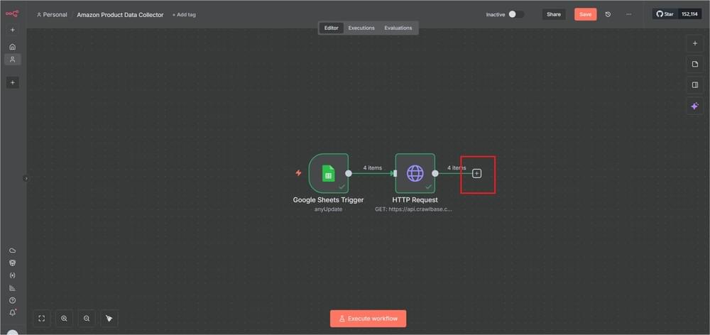 Adding a new node after the HTTP Request step in the workflow