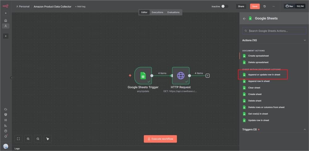 Selecting the Append or update row in sheet action from the Google Sheets node options