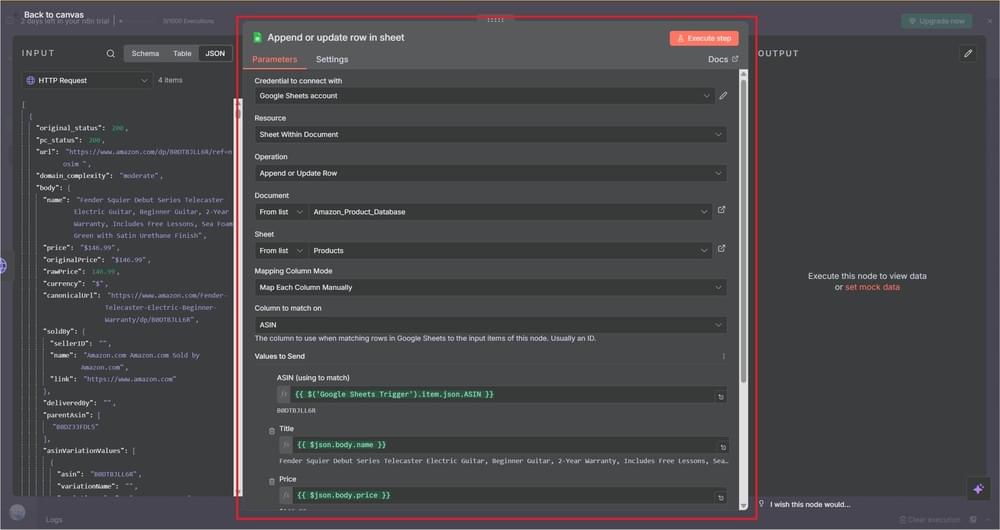 Google Sheets node configuration showing spreadsheet and worksheet selection settings