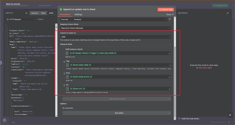 Field mapping configuration showing how to populate spreadsheet columns with API response data