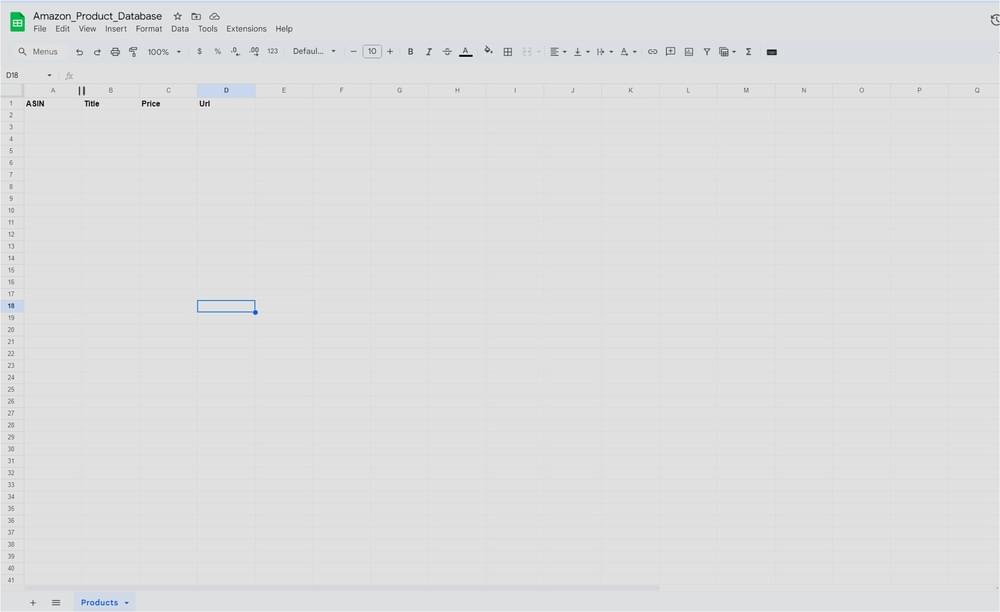 Google Sheets output template with columns for ASIN, Title, Price, and URL