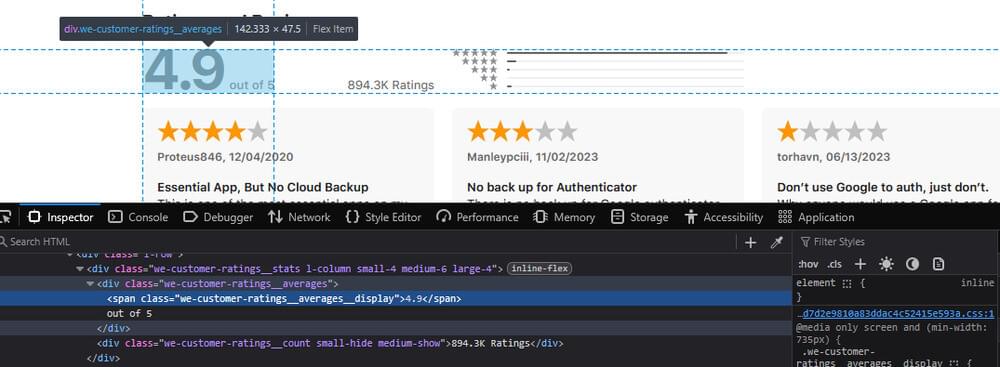 An image of the Chrome Browser Developer Tools highlighting the content ratings element. An image of the Chrome Browser Developer Tools highlighting the content ratings element.