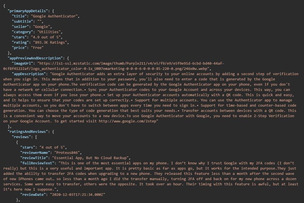 An image displaying a structured JSON output obtained from scraping the Apple App Store. An image displaying a structured JSON output obtained from scraping the Apple App Store.