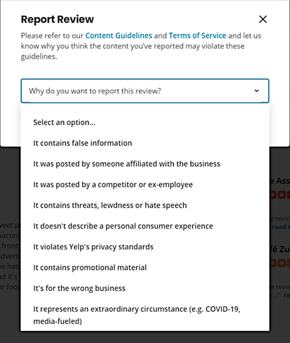 Report Yelp reviews