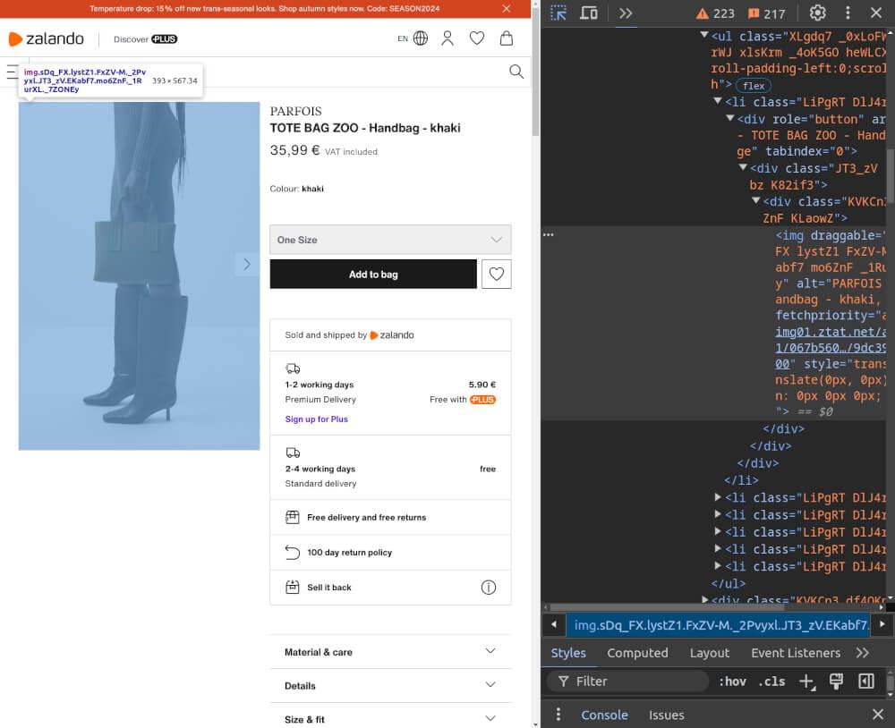 Screenshot of Zalando Product Page HTML