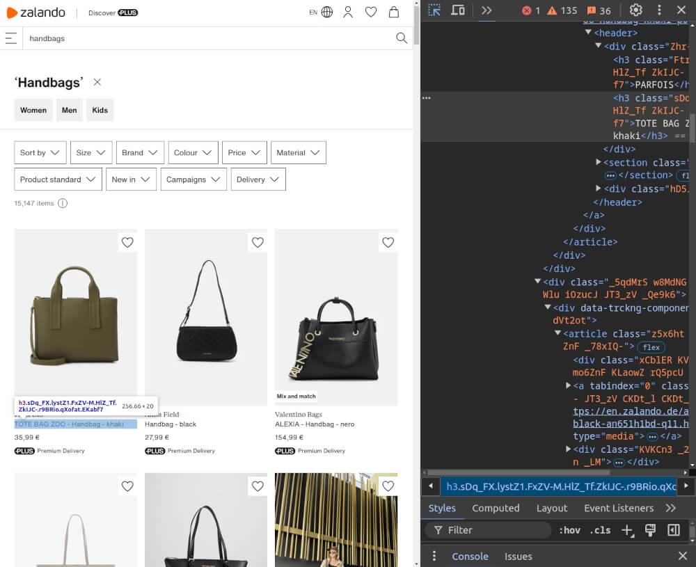 Screenshot of Zalando HTML Product Listings