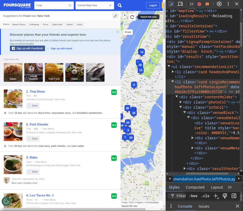 Foursquare SERP HTML inspect