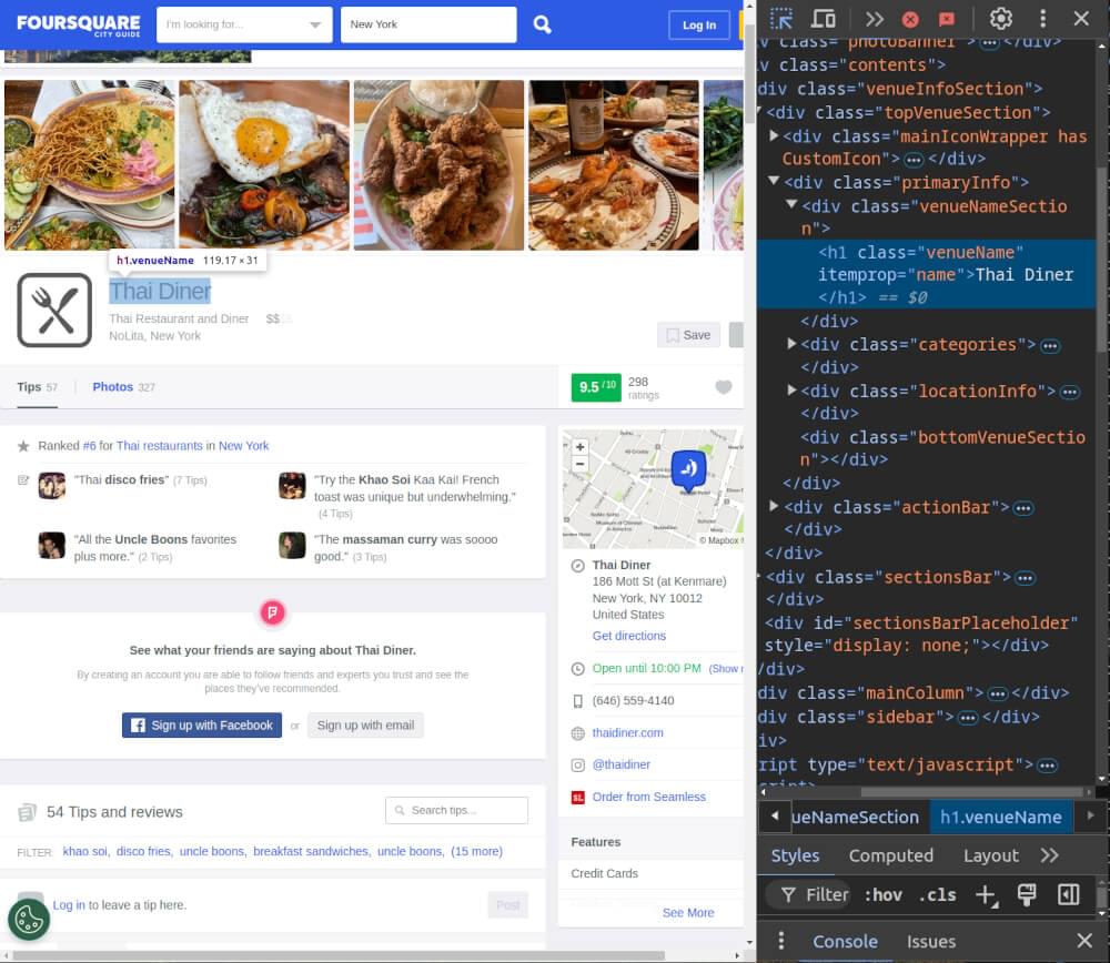 Foursquare Venue Detail Page HTML inspect