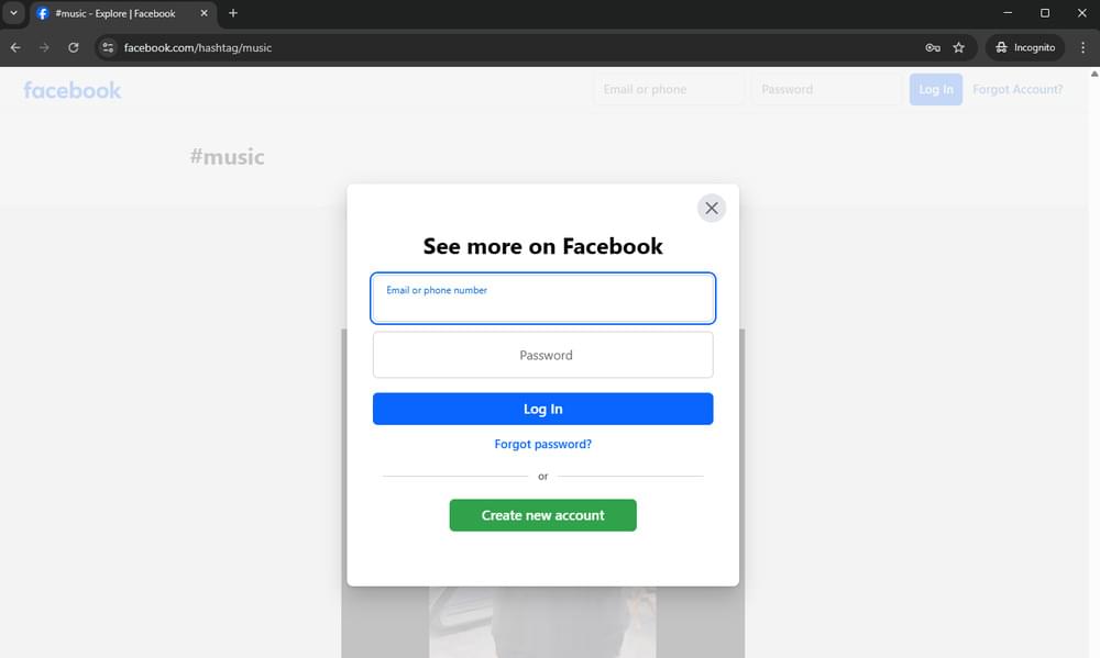 An image displaying Facebook login page. An image displaying Facebook login page.