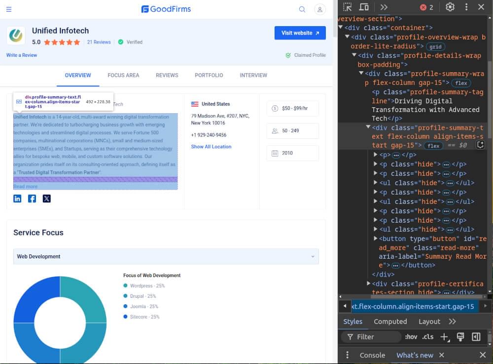 Screenshot inspecting  GoodFirms Company Profile Pages HTML structure
