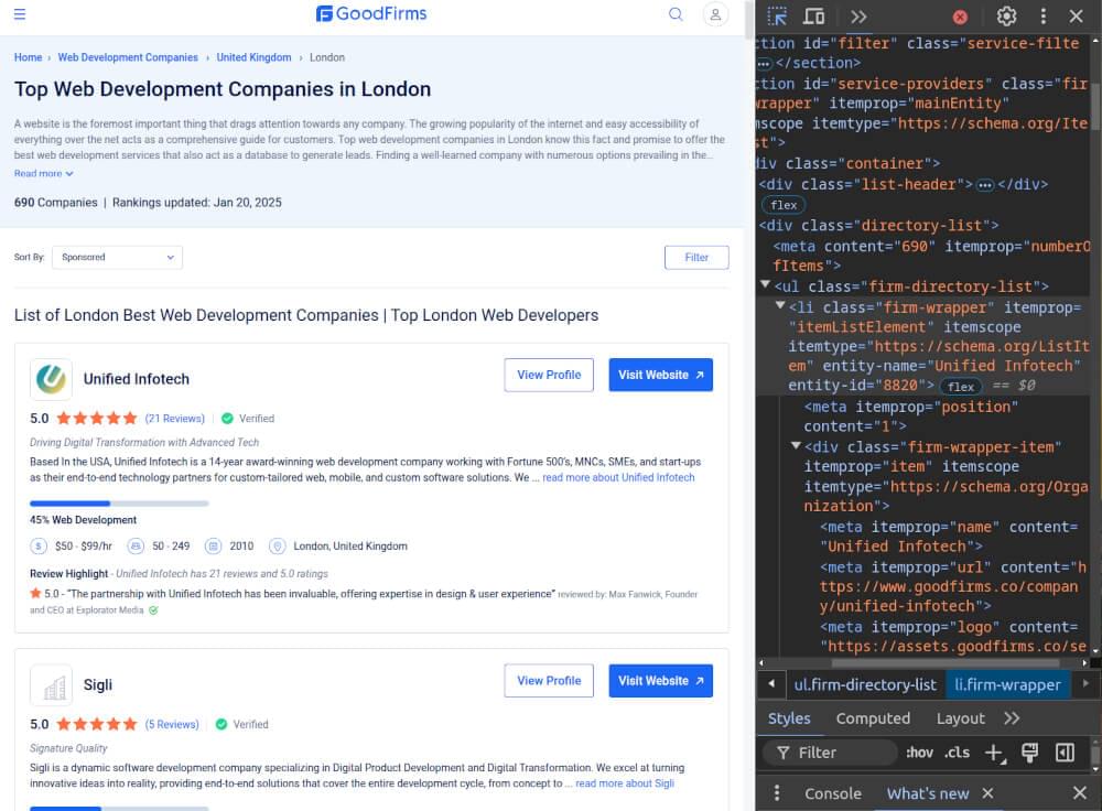 Screenshot inspecting GoodFirms Search Listings HTML structure