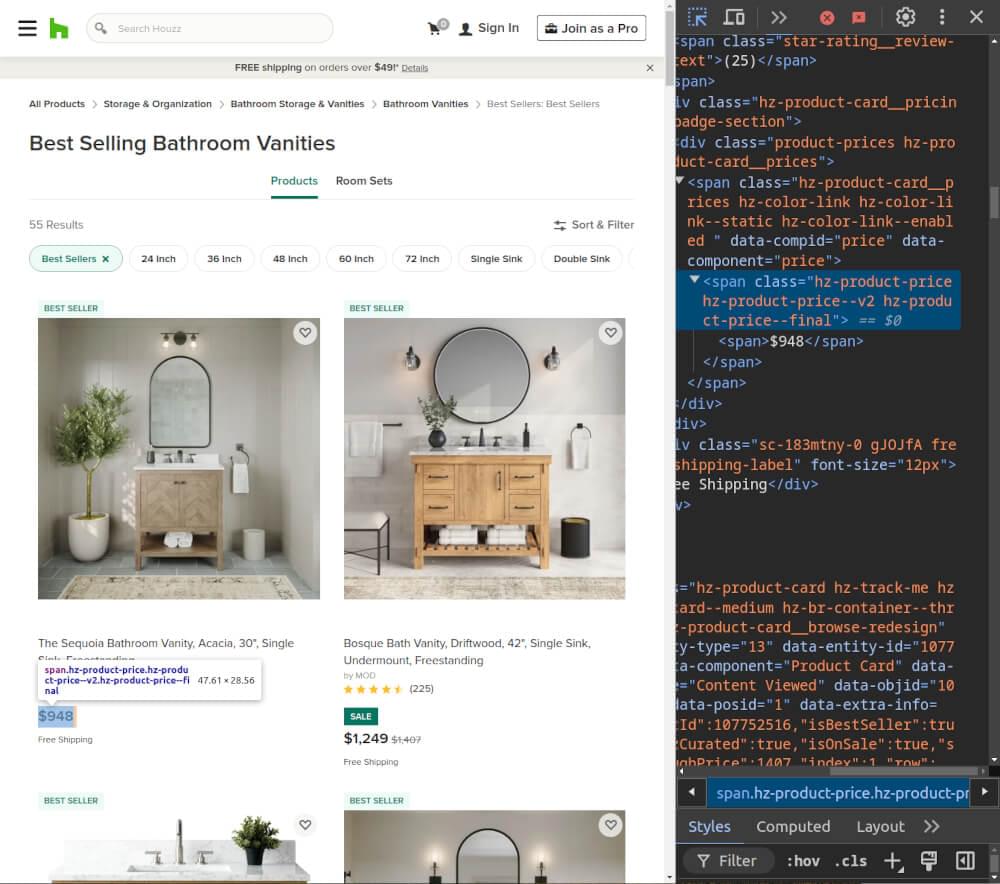 Screenshot showing HTML structure of Houzz product pages