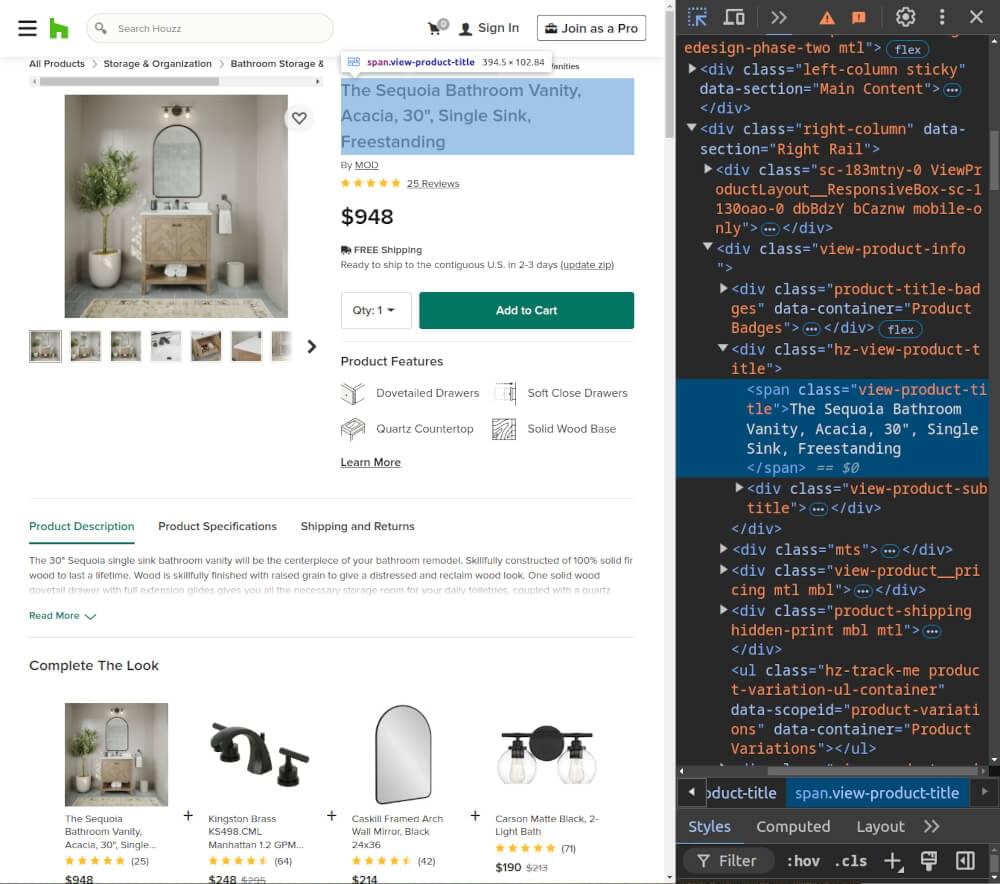 Screenshot showing HTML structure of Houzz search listings