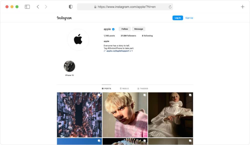 Apple Instagram profile page