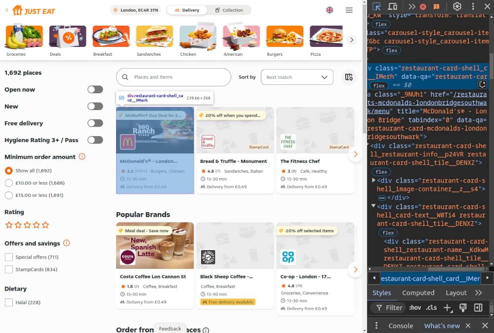 A screenshot of HTML inspection - Just Eat Restaurant Listings