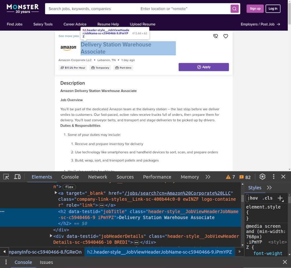 Screenshot of Monster.com Jobs Page HTML