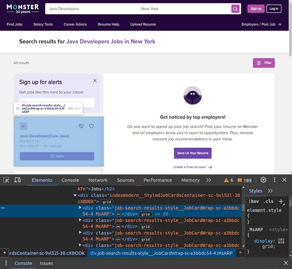 Screenshot of Monster.com Jobs Listing HTML Page inspecting