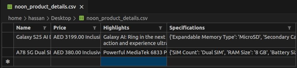 noon_product_details.csv output file snapshot