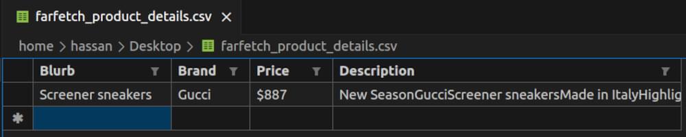 farfetch_product_details.csv file Snapshot