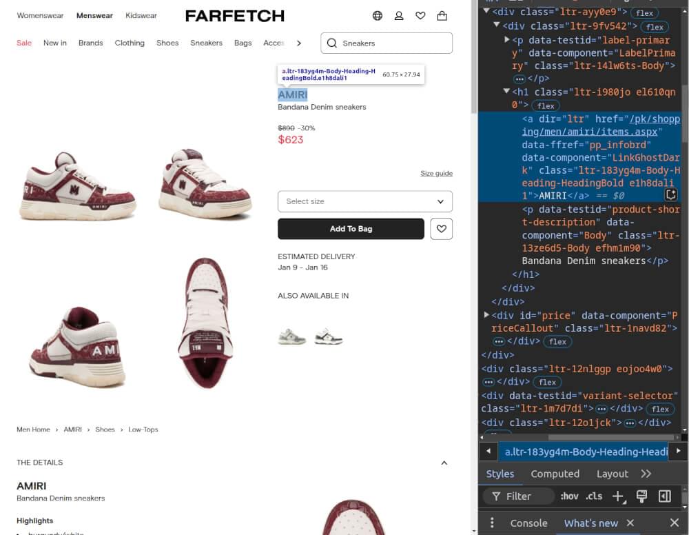 Image of scraping the HTML structure - Farfetch product pages