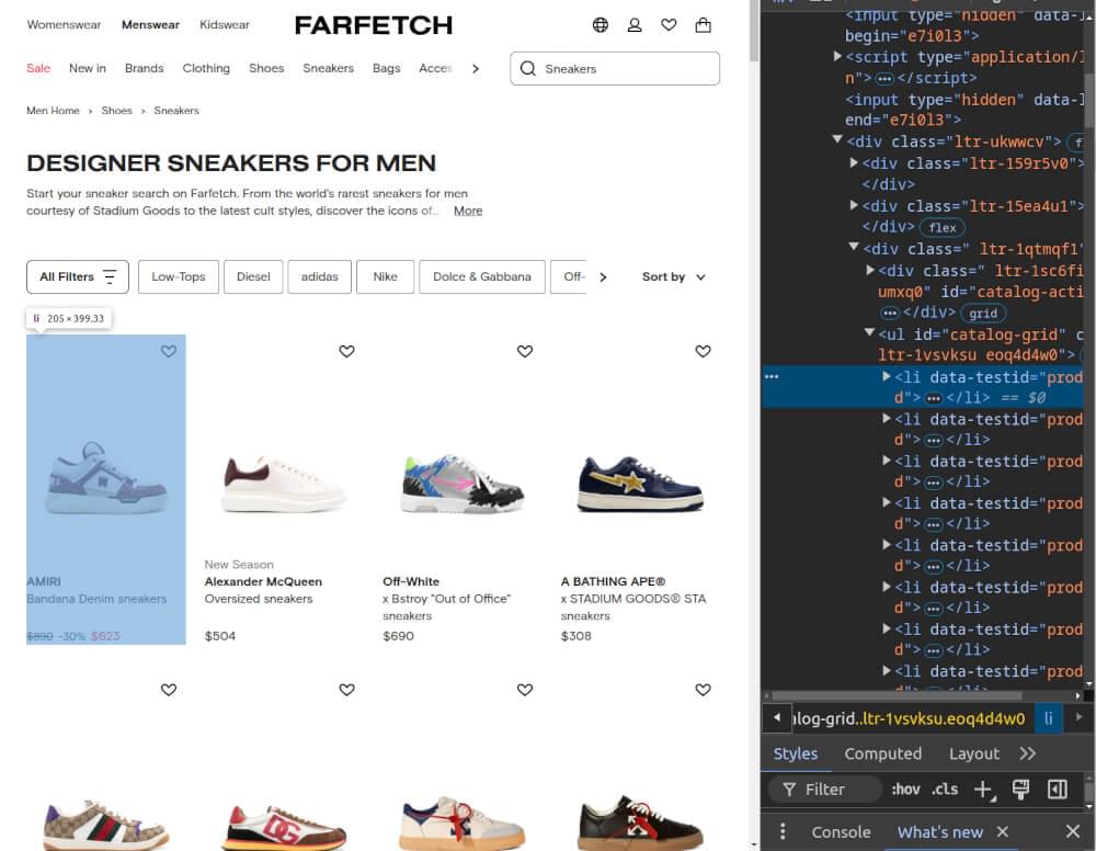 Image of scraping the HTML structure - Farfetch search listings