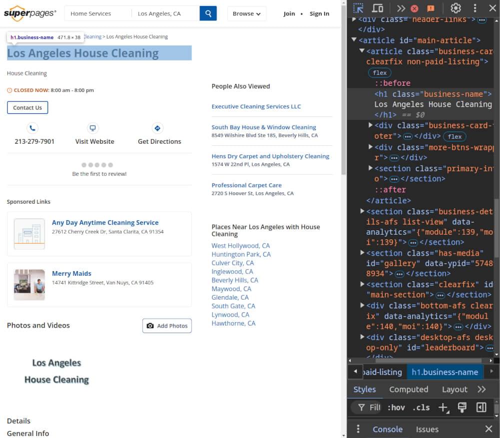 A screenshot of SuperPages Business details HTML Inspection