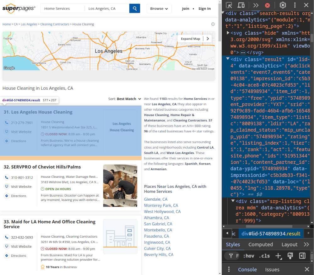 A screenshot of SuperPages Listings HTML Inspection