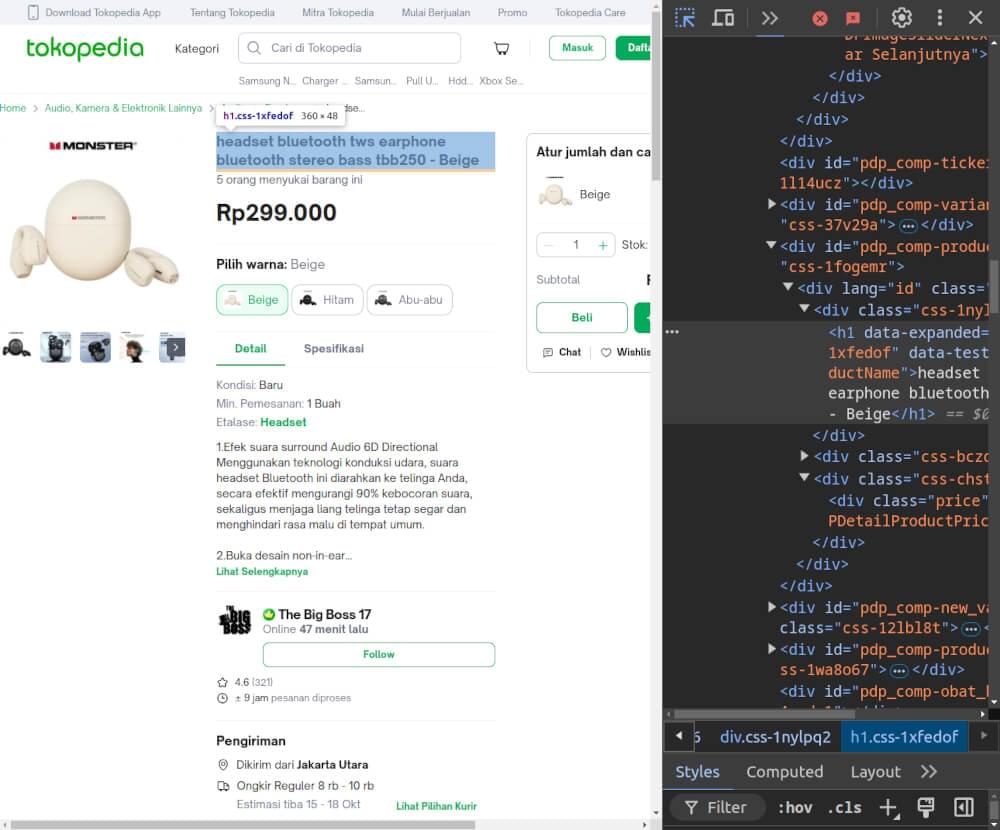 A screenshot of Tokopedia product page HTML structure