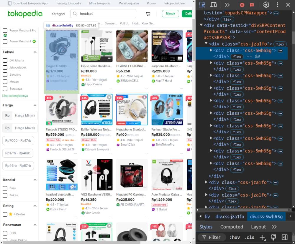 A screenshot of Tokopedia search listings HTML structure