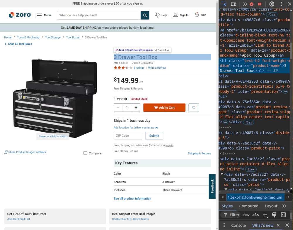 A screenshot of Zoro Product Page - HTML inspection structure