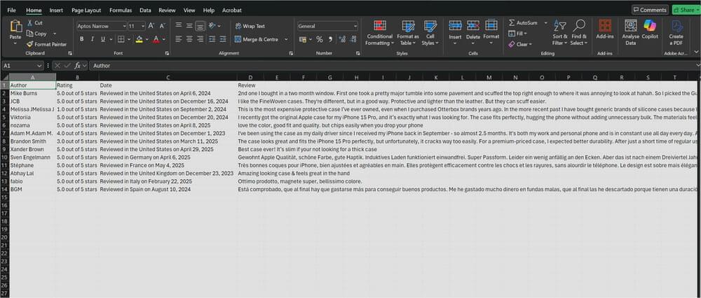 Amazon product reviews in a CSV file and viewed from Microsoft Excel Amazon product reviews in a CSV file and viewed from Microsoft Excel