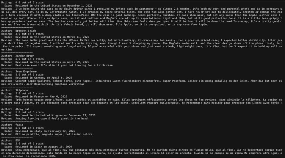 Parsed Amazon product reviews terminal console output Parsed Amazon product reviews terminal console output