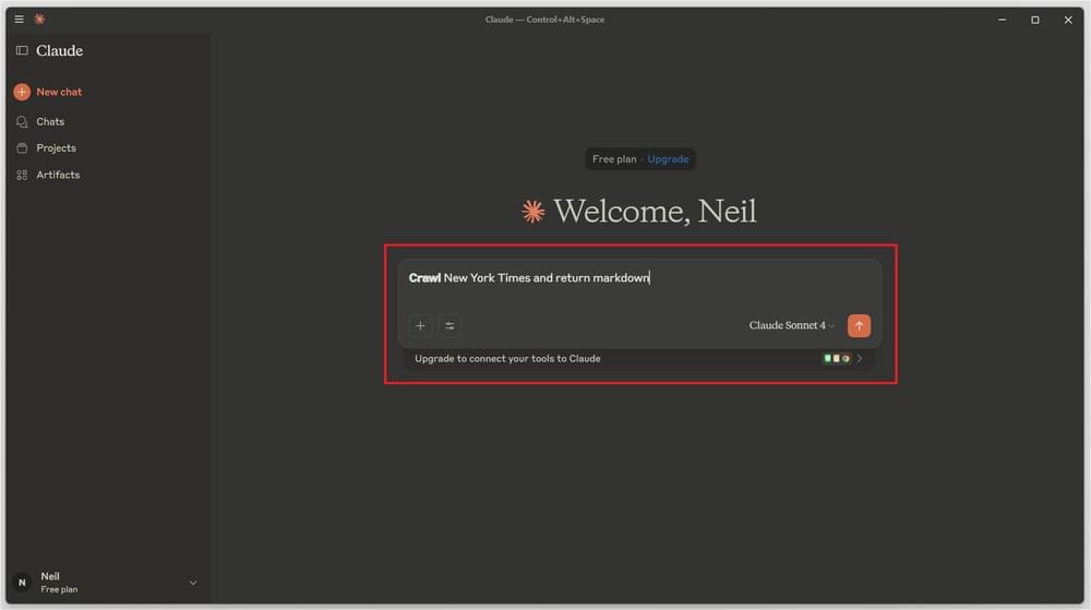 Claude Desktop showing user prompt input field